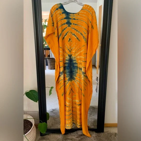 blue and orange tie dye dress Orange & Blue Tie-Dye Tie-Waist Maxi Dress Small main image 1